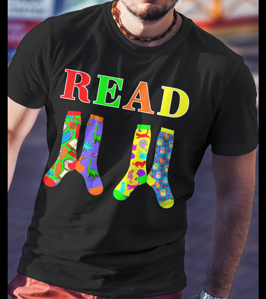 READ Colorful Dinosaur And Owl Books Wacky Socks For Wacky Sock Day T-Shirt
