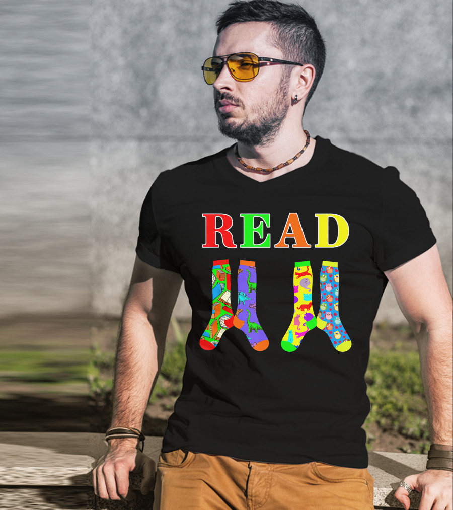 READ Colorful Dinosaur And Owl Books Wacky Socks For Wacky Sock Day T-Shirt