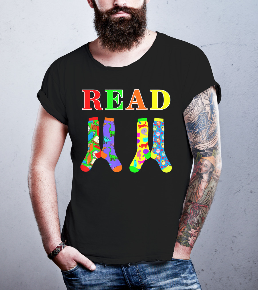 READ Colorful Dinosaur And Owl Books Wacky Socks For Wacky Sock Day T-Shirt