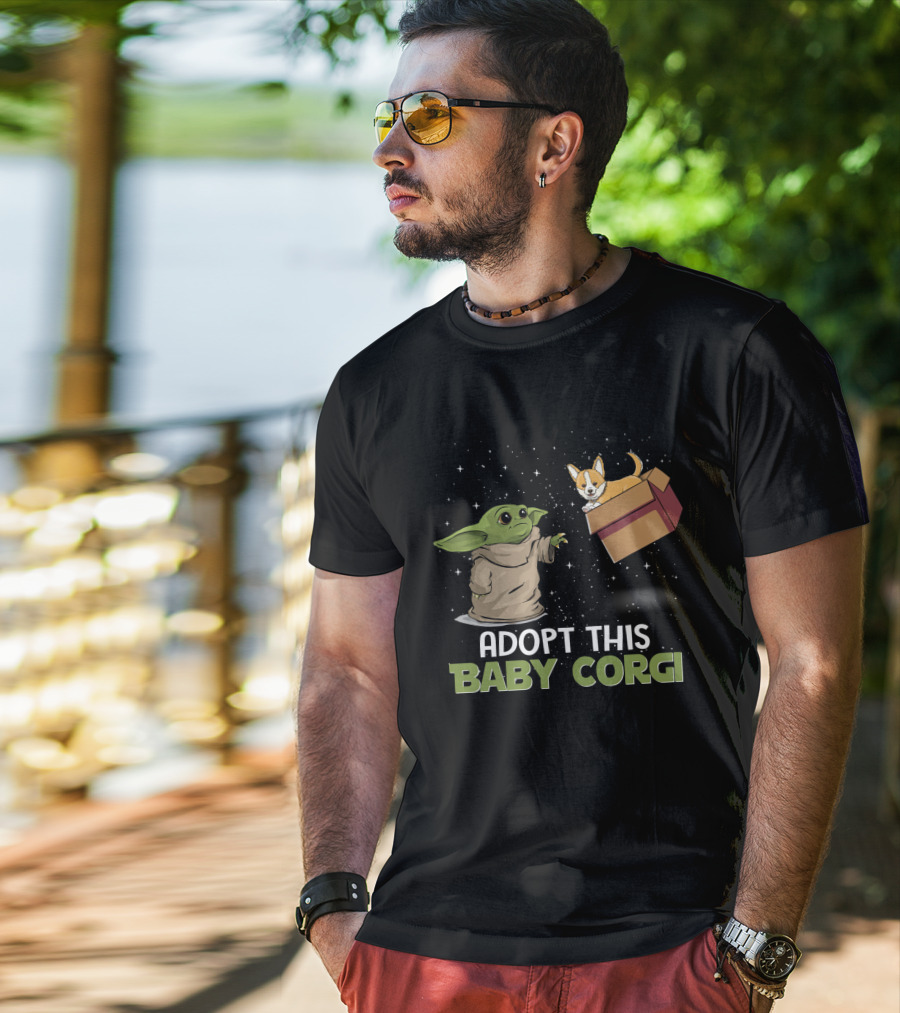 Adopt This Baby Corgi Starry Scene With Green-Eared Figure T-Shirt