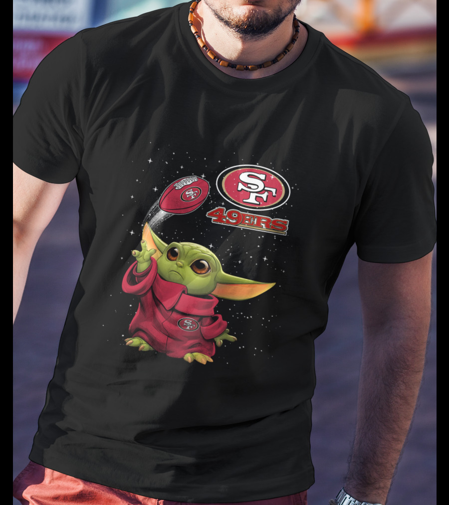 Baby Yoda Throwing San Francisco 49ers Football With SF Logo And Stars T-Shirt