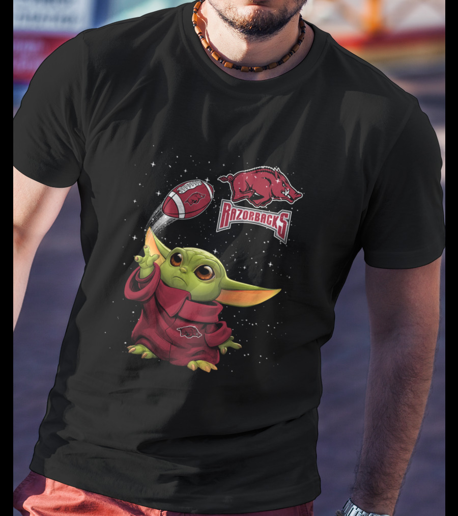 Baby Yoda Arkansas Razorbacks Football Force Thrower With Razorback T-Shirt