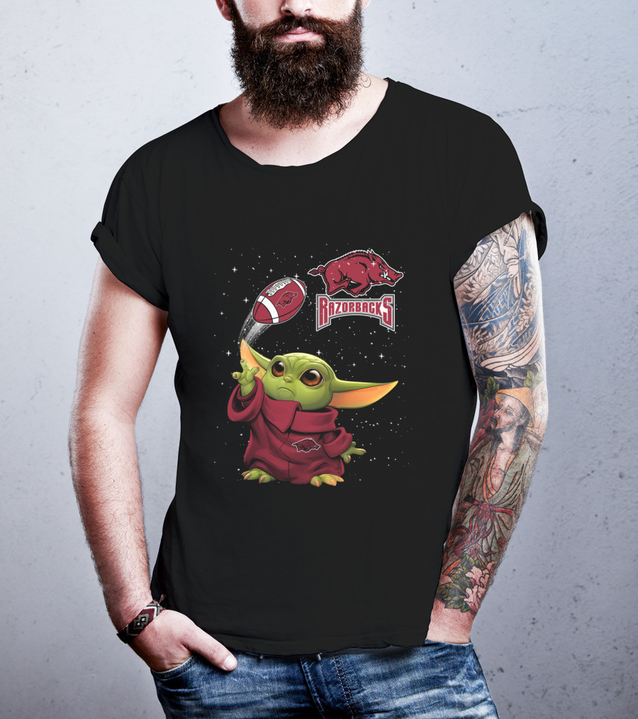 Baby Yoda Arkansas Razorbacks Football Force Thrower With Razorback T-Shirt