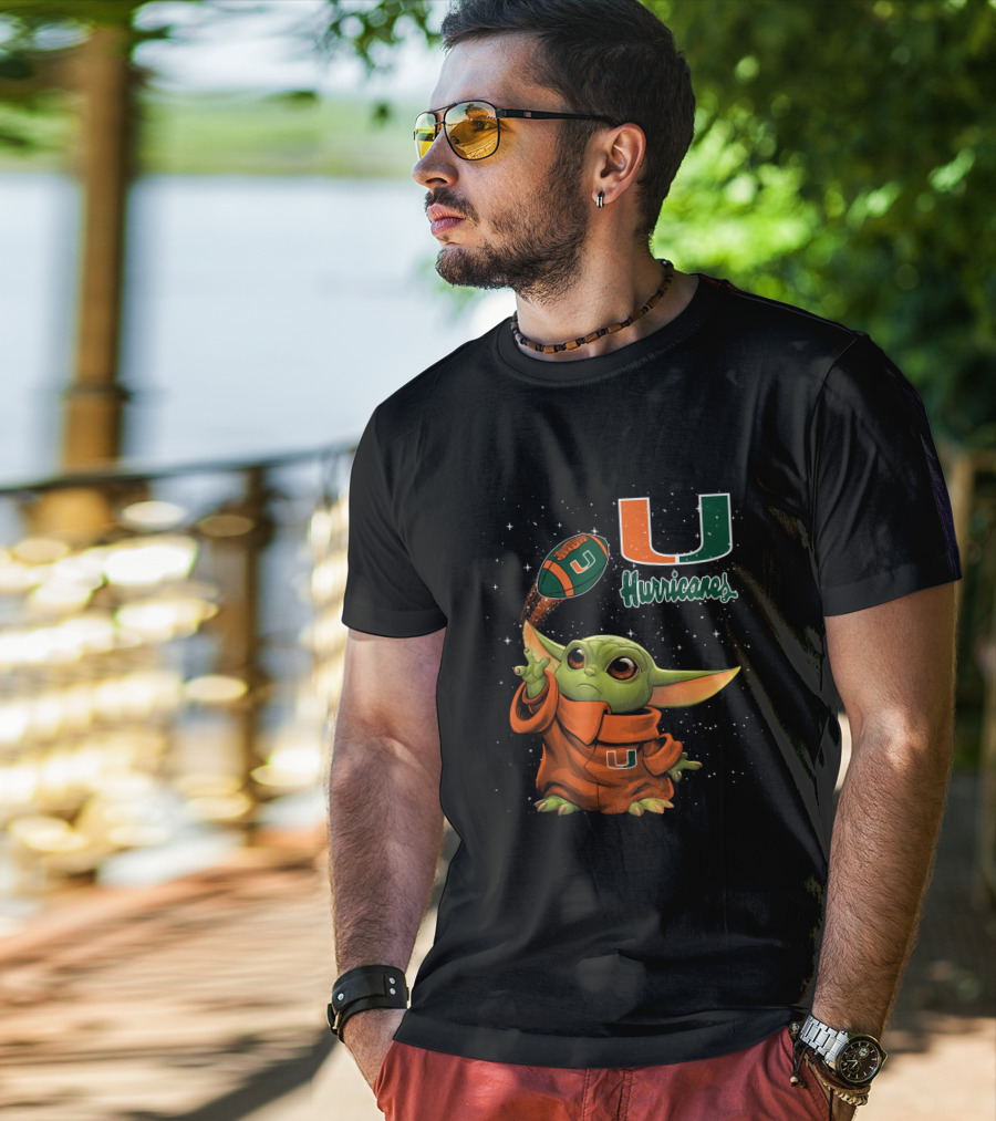 Baby Yoda Miami Hurricanes U Logo Football Starry Background T-Shirt