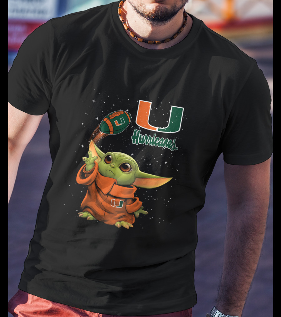 Baby Yoda Miami Hurricanes U Logo Football Starry Background T-Shirt