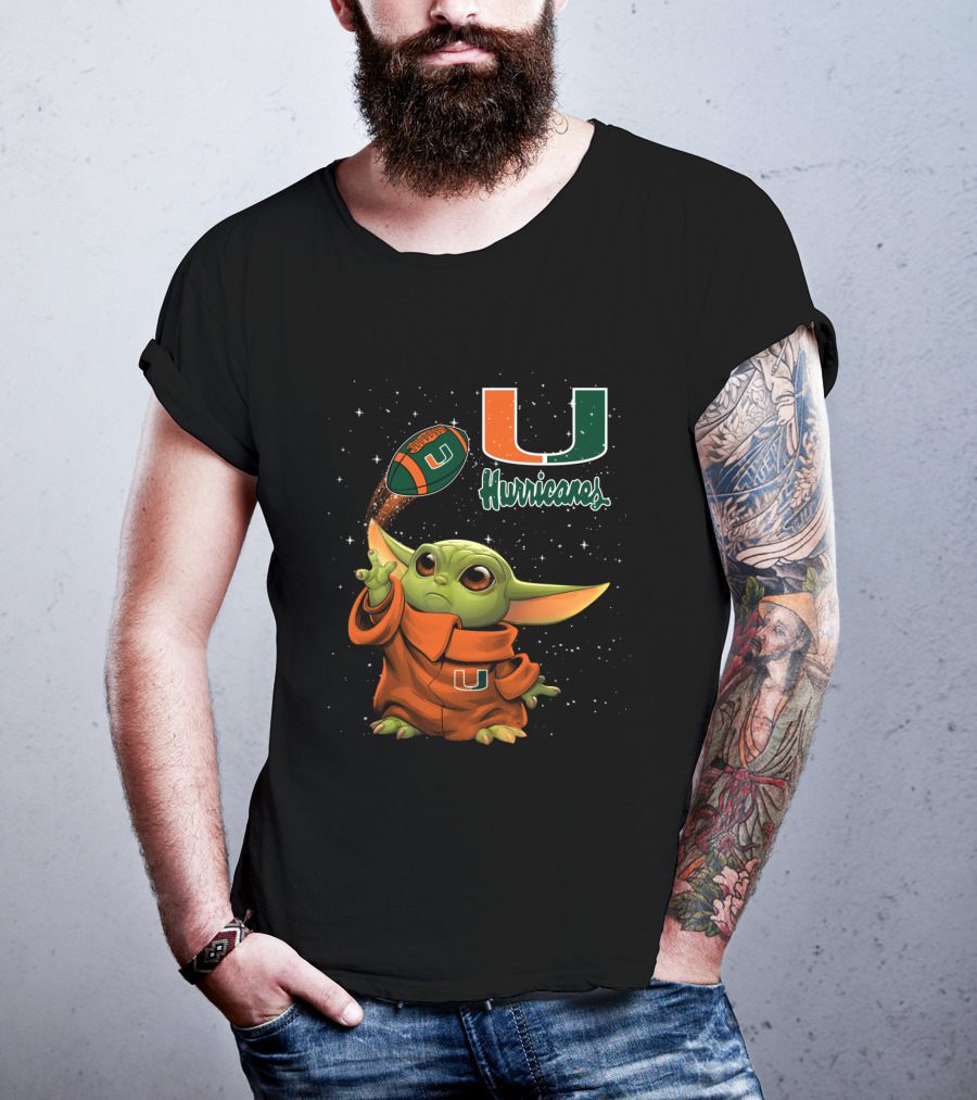 Baby Yoda Miami Hurricanes U Logo Football Starry Background T-Shirt