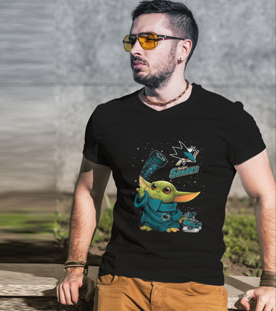 Baby Yoda San Jose Sharks Force Hockey Star Wars Crossover T-Shirt