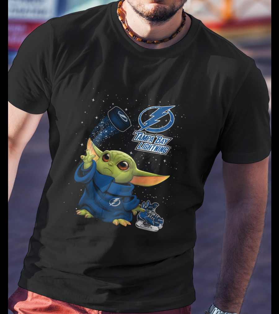Baby Yoda Tampa Bay Lightning Hockey Fan Art Grogu Jedi Force Skating Puck T-Shirt