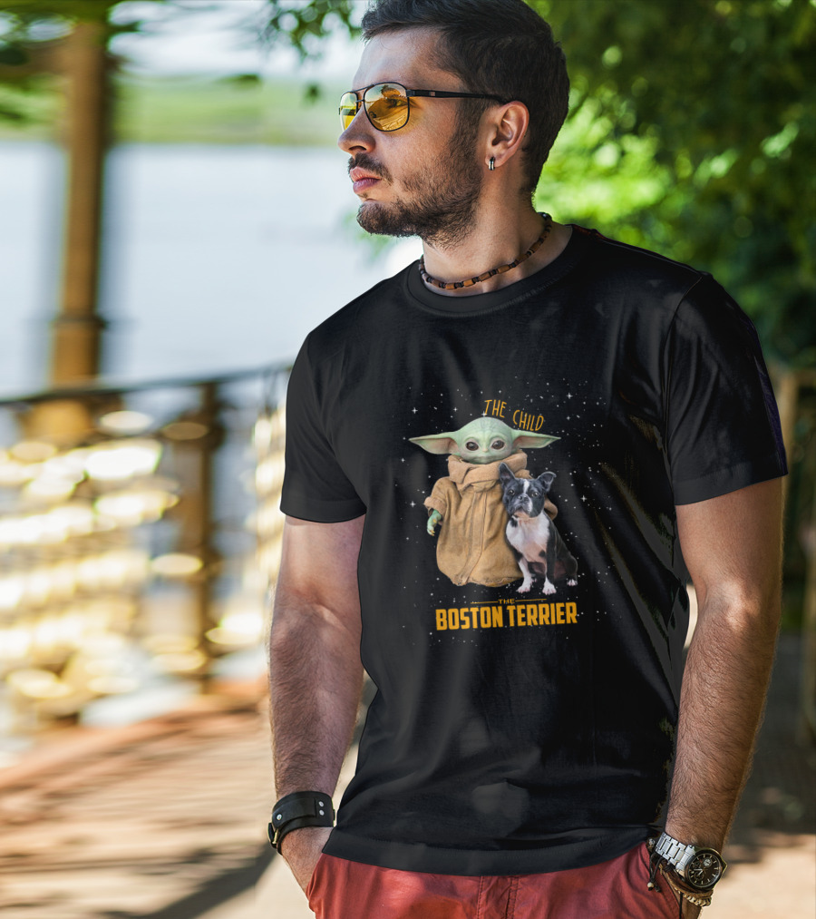 The Child Baby Yoda And Boston Terrier Duo In Space T-Shirt