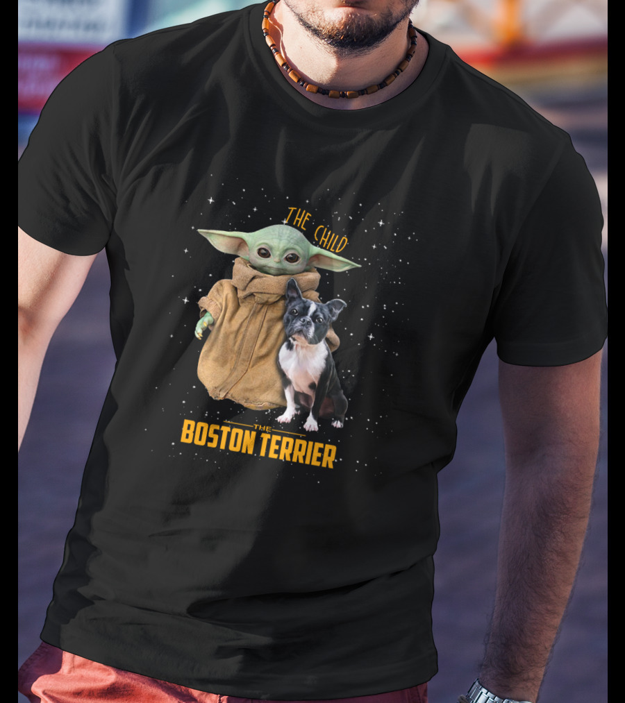 The Child Baby Yoda And Boston Terrier Duo In Space T-Shirt