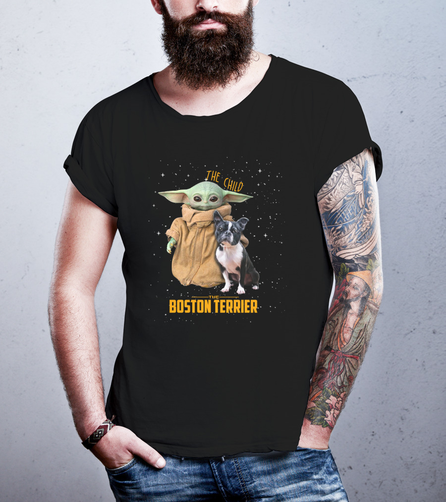 The Child Baby Yoda And Boston Terrier Duo In Space T-Shirt
