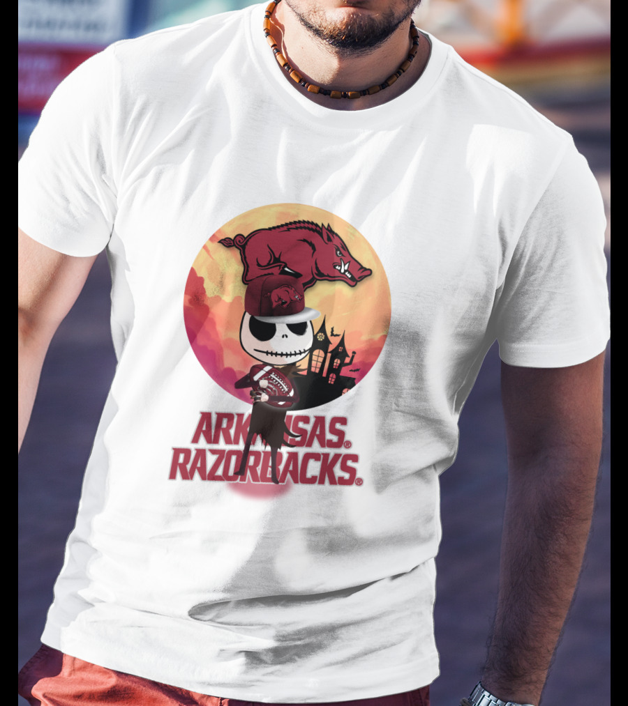 Arkansas Razorbacks Halloween Skull Character With Cap And Football T-Shirt