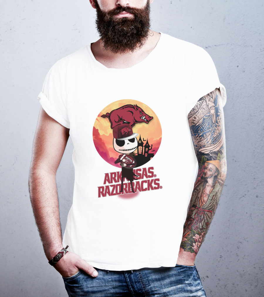 Arkansas Razorbacks Halloween Skull Character With Cap And Football T-Shirt