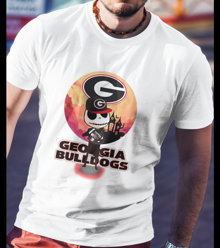 Georgia Bulldogs Skull And Football Scene With Gothic Castle T-Shirt