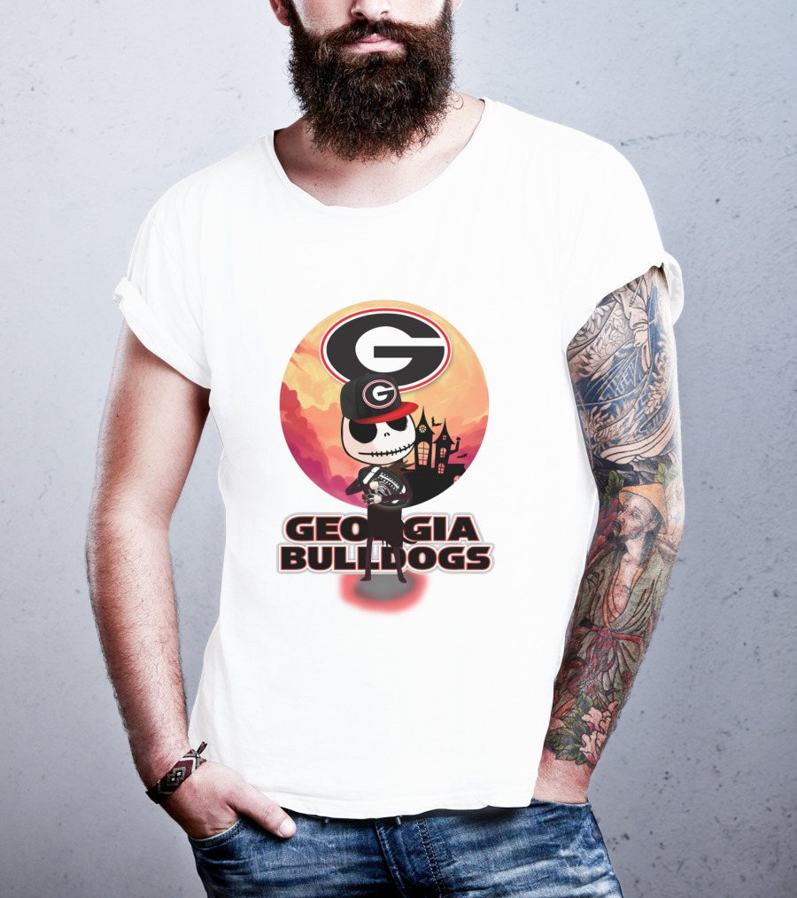 Georgia Bulldogs Skull And Football Scene With Gothic Castle T-Shirt