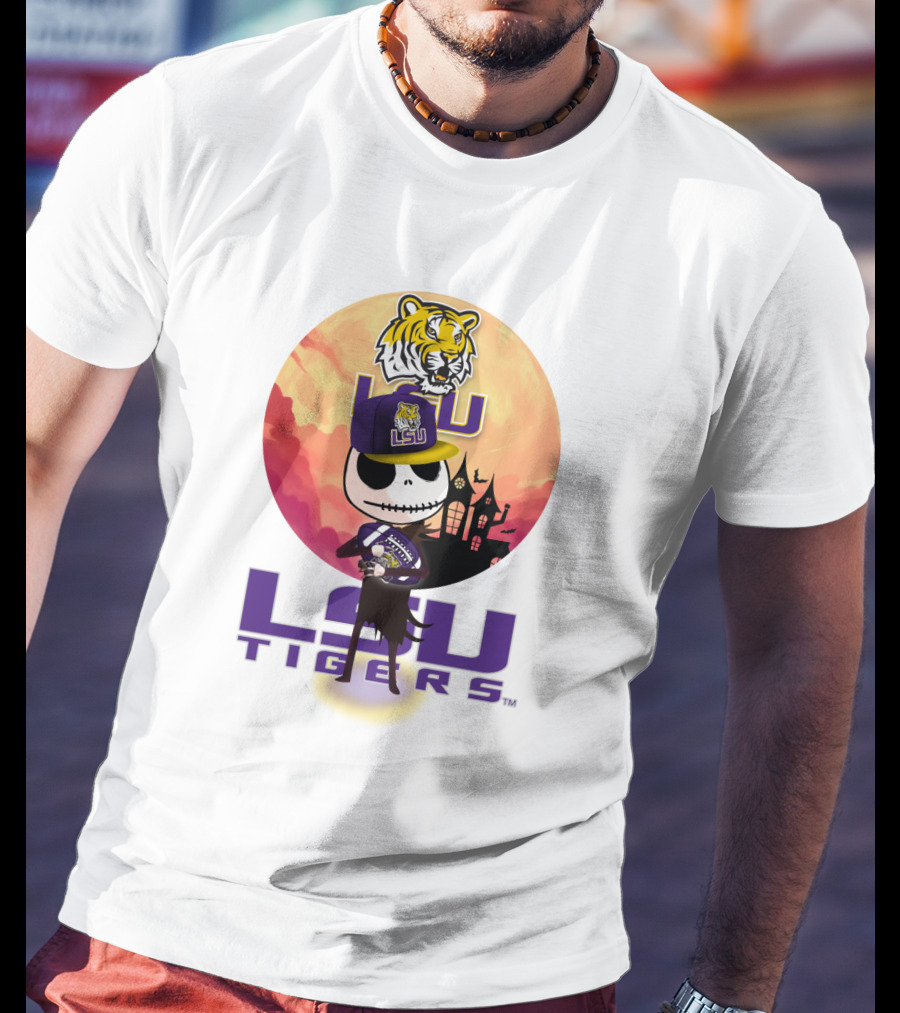 Lsu Tigers Halloween Skeleton In Hat With Tiger And Haunted House T-Shirt