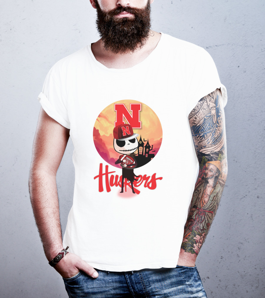 Nebraska Huskers Skeleton Character Halloween Football Scene T-Shirt