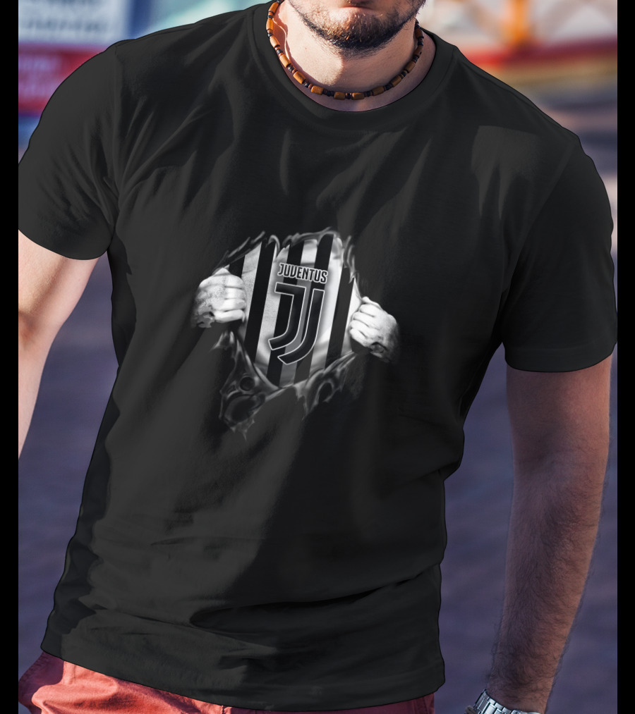 Juventus Fc Black And White Stripes Logo Ripped T-Shirt