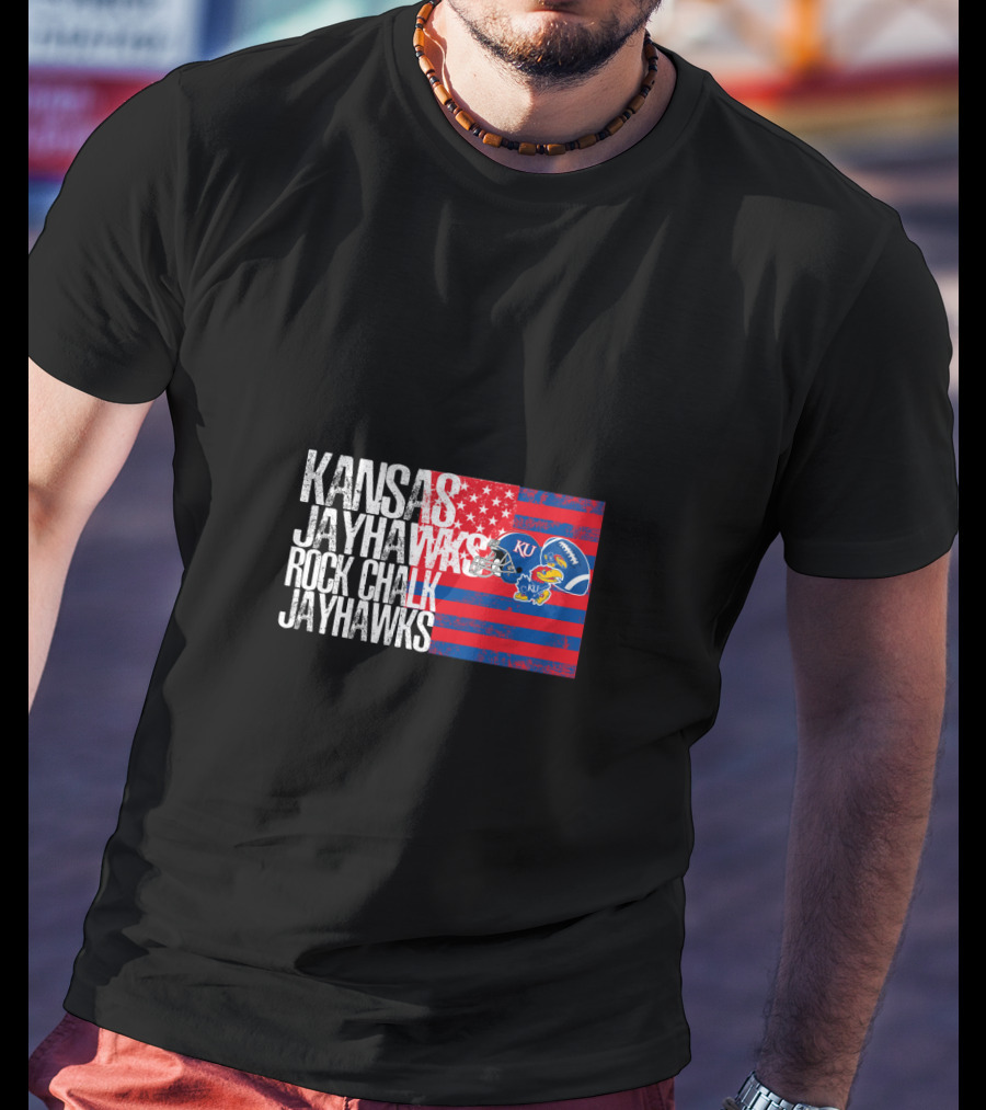 Kansas Jayhawks Rock Chalk Jayhawks Ku Football Helmet Stars And Stripes T-Shirt