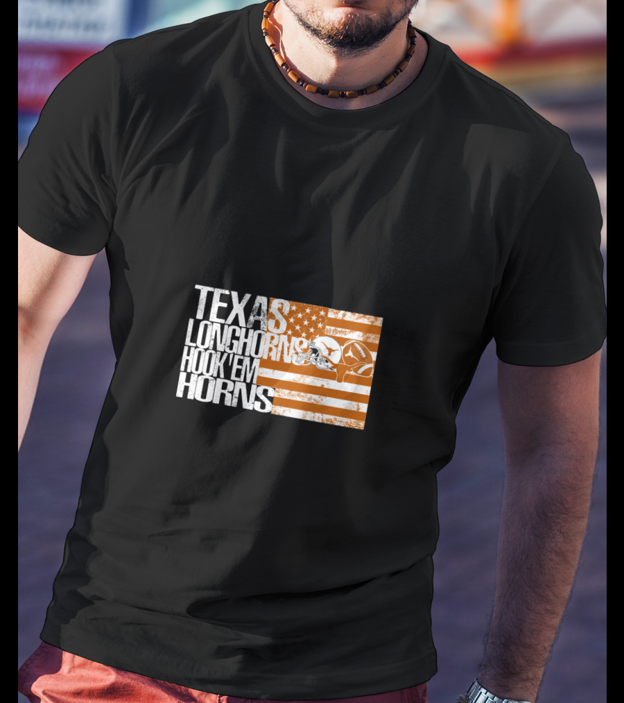 Texas Longhorns Hook 'Em Horns American Flag Football Helmet T-Shirt