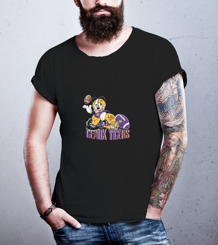 Lsu Geaux Tigers Football Mickey Lsu Tiger Helmet And Football T-Shirt
