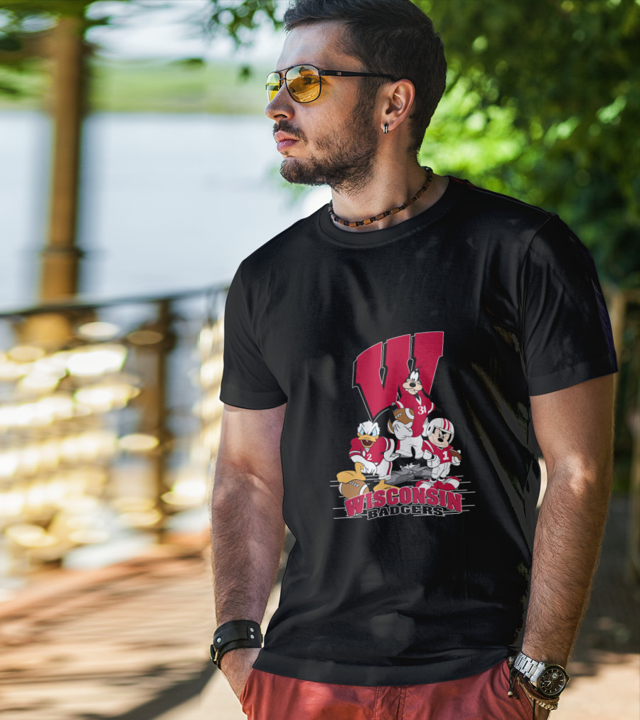 Wisconsin Badgers Donald Duck Goofy Mickey Mouse Football T-Shirt