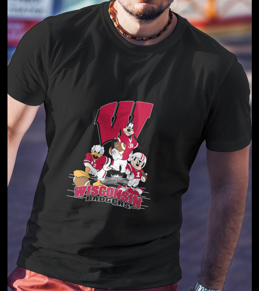 Wisconsin Badgers Donald Duck Goofy Mickey Mouse Football T-Shirt