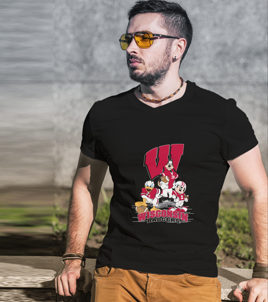 Wisconsin Badgers Donald Duck Goofy Mickey Mouse Football T-Shirt