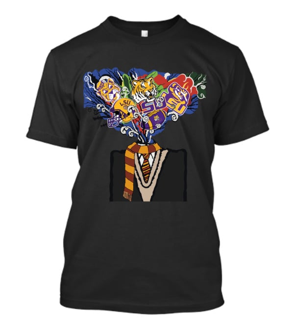 Lsu Tigers Football Helmet And Face Design With Striped Scarf T-Shirt