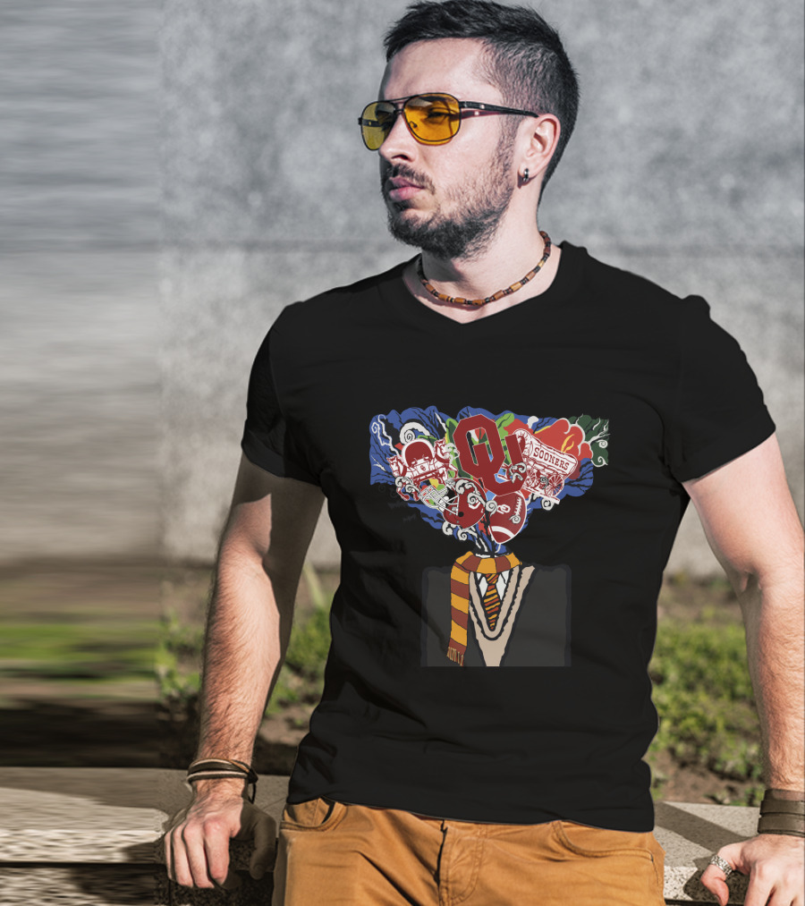 Oklahoma Sooners Football Head Filled With Iconic Symbols And Colors T-Shirt