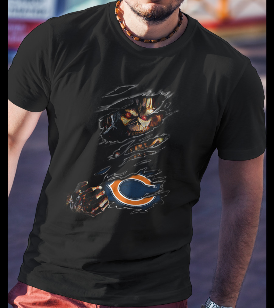Chicago Bears Halloween Horror Claw Rips With Scary Monster Face T-Shirt