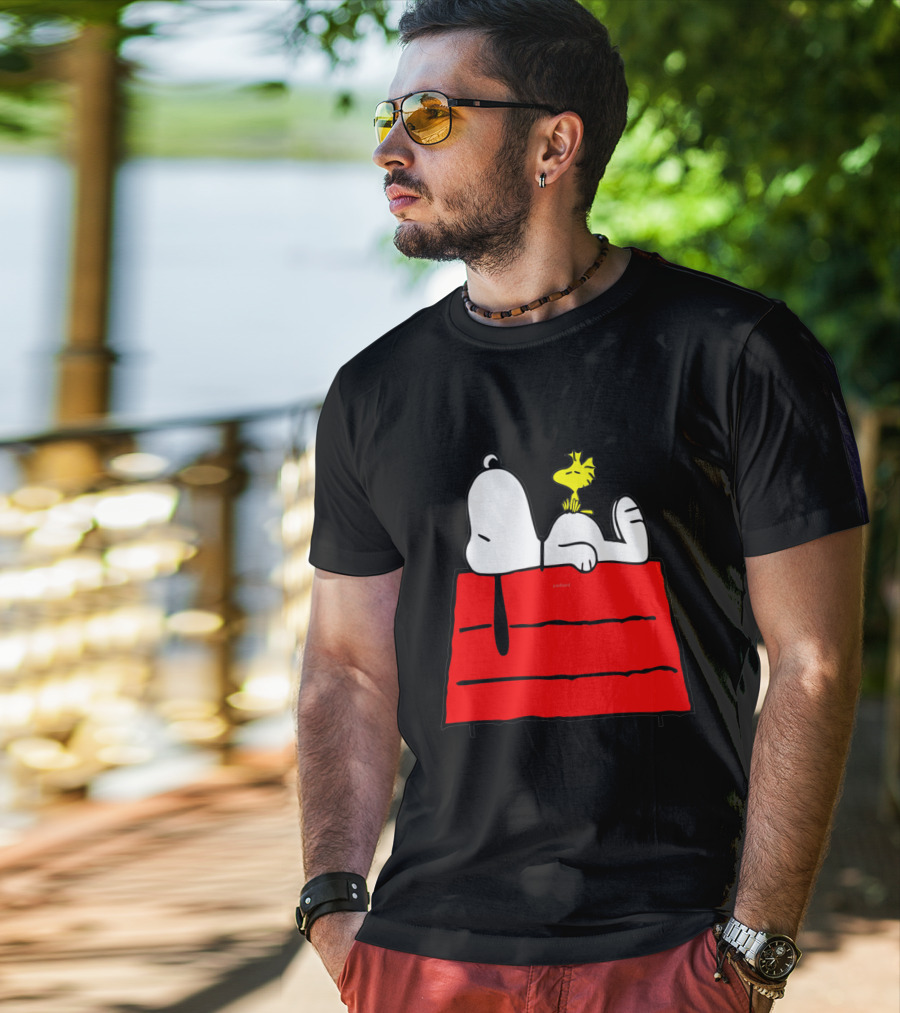Snoopy Sleeping On Red Doghouse With Woodstock T-Shirt