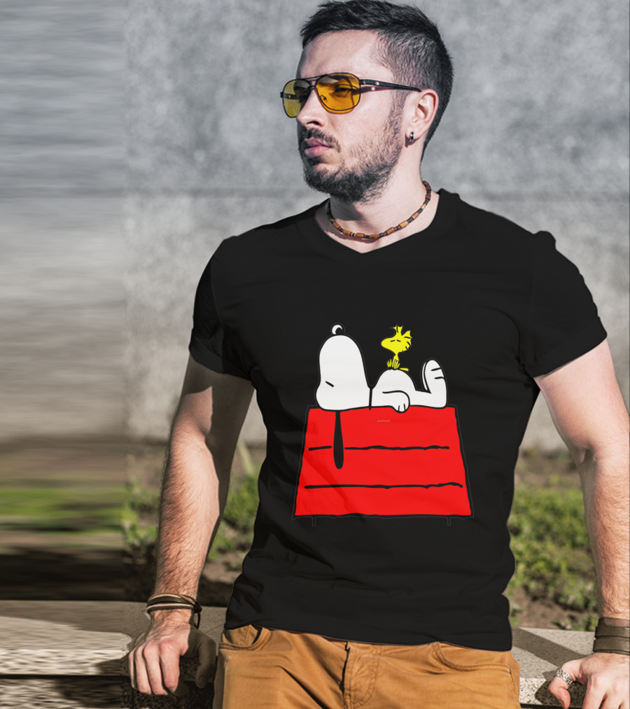 Snoopy Sleeping On Red Doghouse With Woodstock T-Shirt