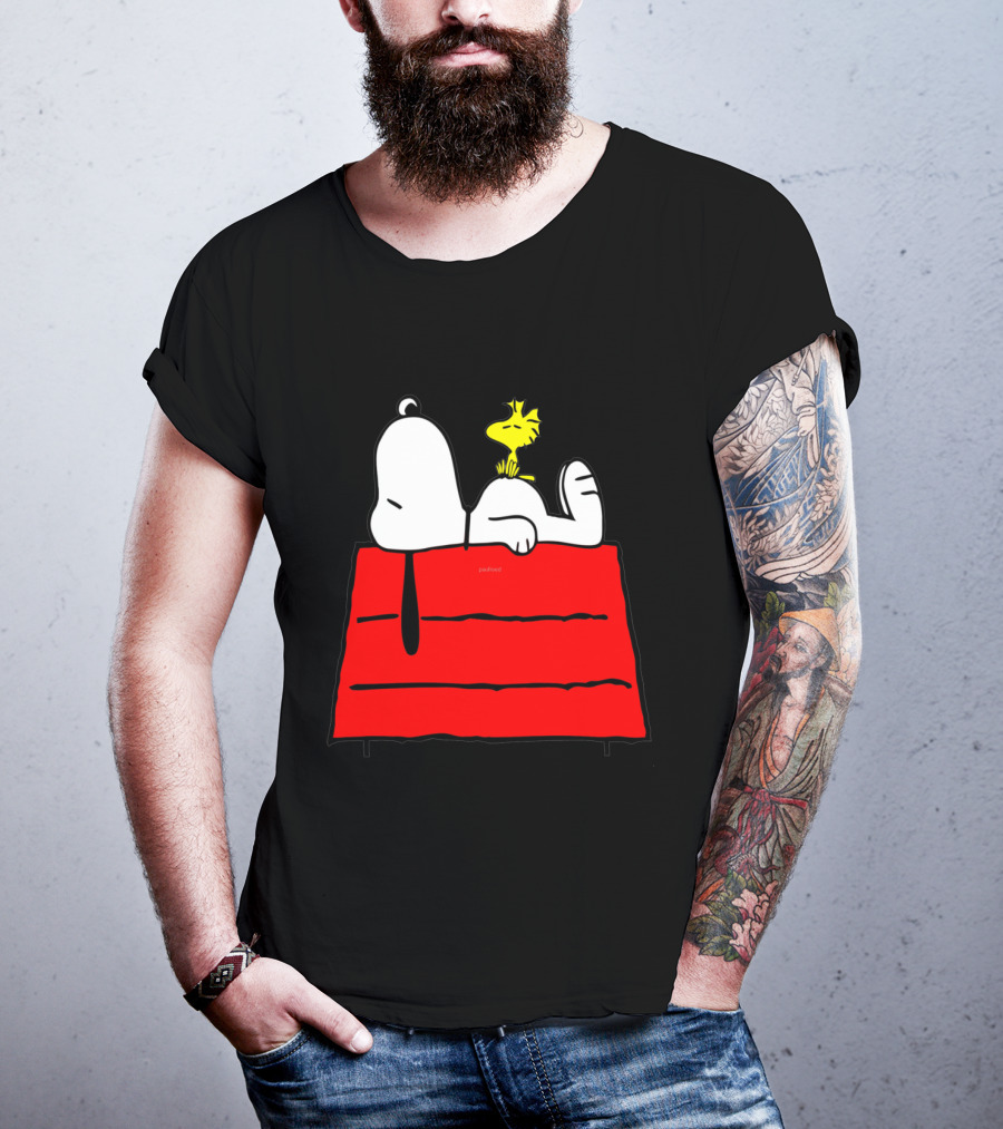 Snoopy Sleeping On Red Doghouse With Woodstock T-Shirt