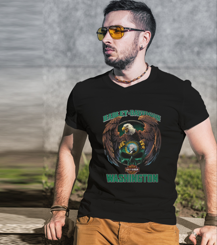 Harley Davidson Washington Eagle And George Skull T-Shirt