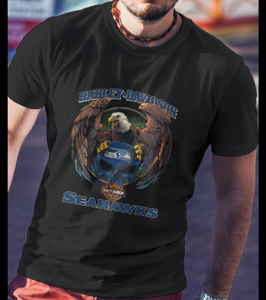 Harley Davidson Seattle Seahawks Motor Cycles Eagle Helmet T-Shirt