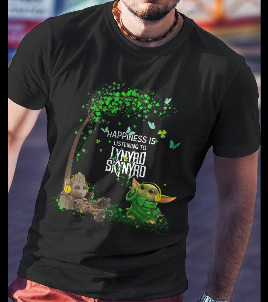 Happiness Is Listening To Lynyrd Skynyrd With Groot And Baby Yoda Under Tree With Butterflies T-Shirt