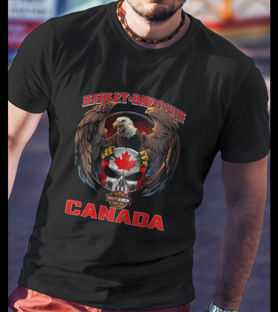 Harley Davidson Canada Eagle Embrace With Maple Leaf Skull And Motorcycles T-Shirt