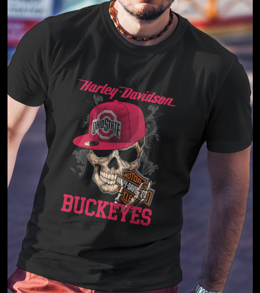 Harley Davidson Skull With Ohio State Buckeyes Cap And Motorcycle Elements T-Shirt