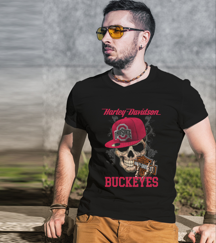 Harley Davidson Skull With Ohio State Buckeyes Cap And Motorcycle Elements T-Shirt