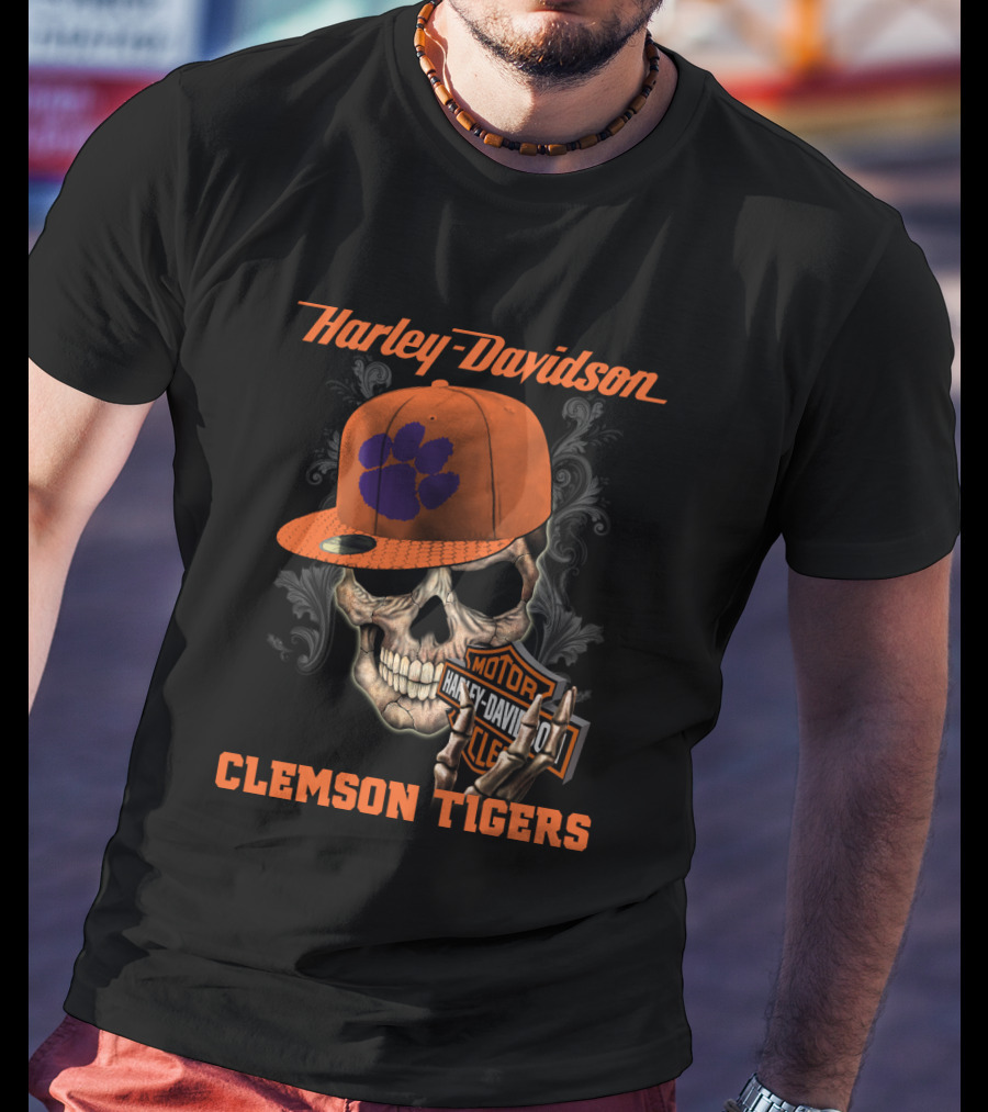 Harley Davidson Skull With Clemson Tigers Paw T-Shirt