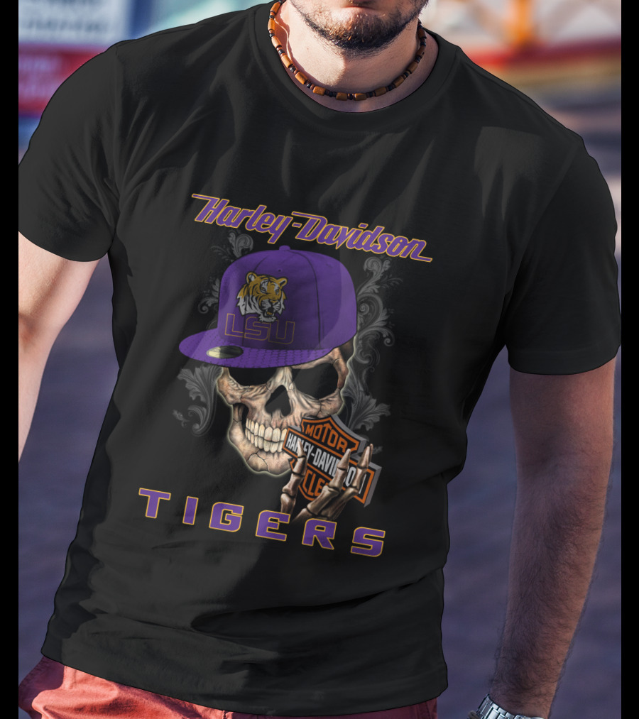 Harley Davidson Lsu Tigers Skull Hat T-Shirt
