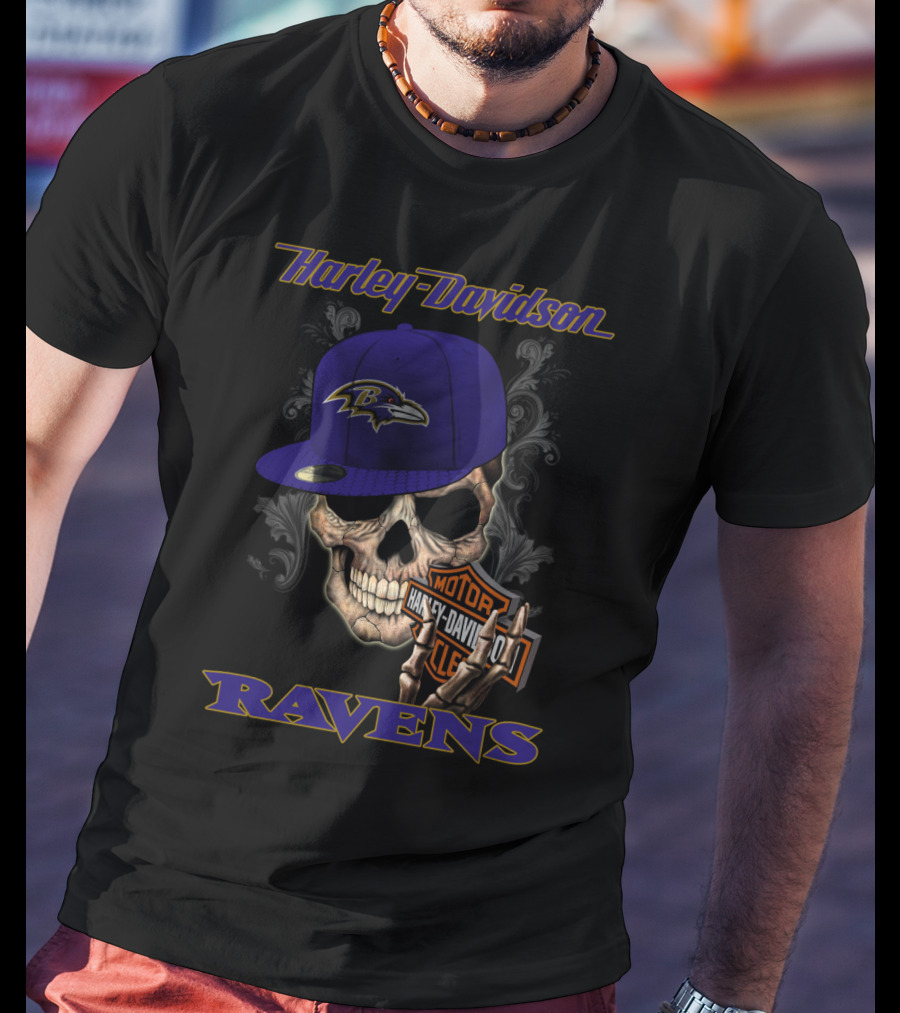 Harley Davidson Motor Skull Baltimore Ravens Hat T-Shirt