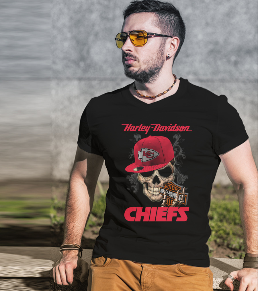 Harley Davidson Kansas City Chiefs Skull With Hat T-Shirt