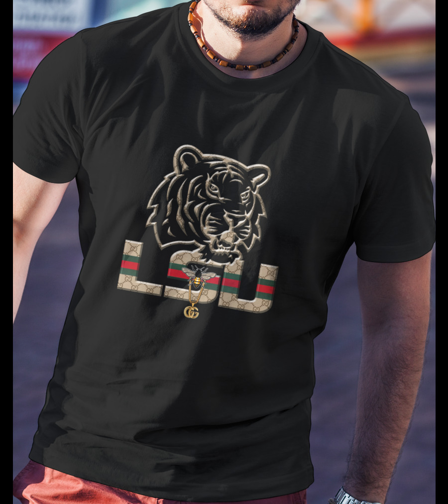 Guci NCAA LSU Tigers Tiger Head GG Stripe T-Shirt