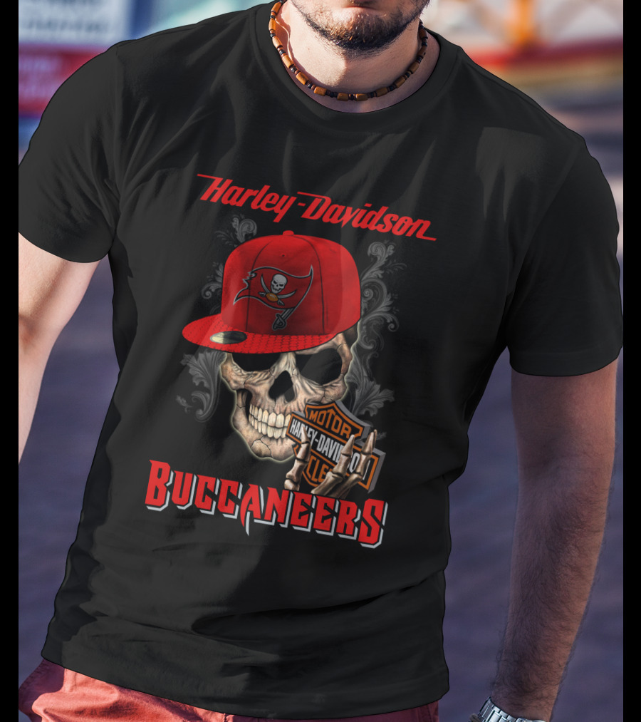 Harley Davidson Buccaneers Skull With Motorcycle Logo Tampa Bay Buccaneers T-Shirt