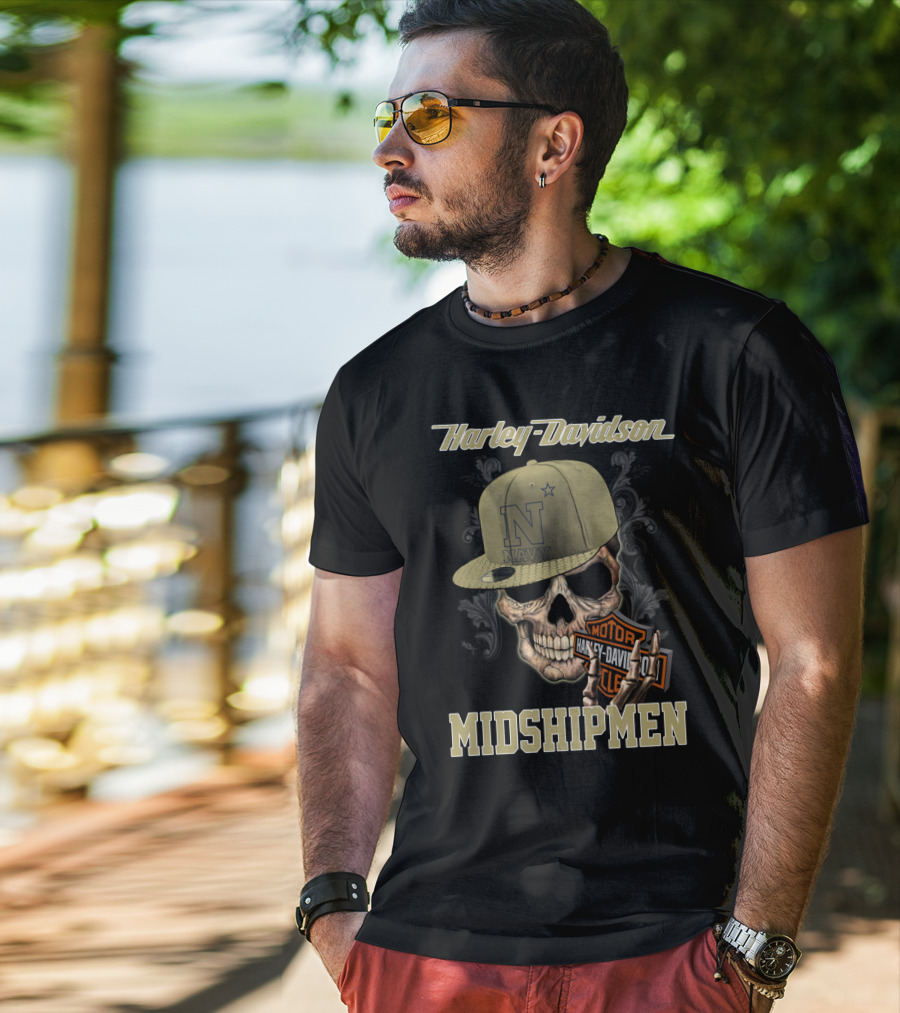 Harley Davidson Navy Midshipmen Skull Hat Motor Cle T-Shirt