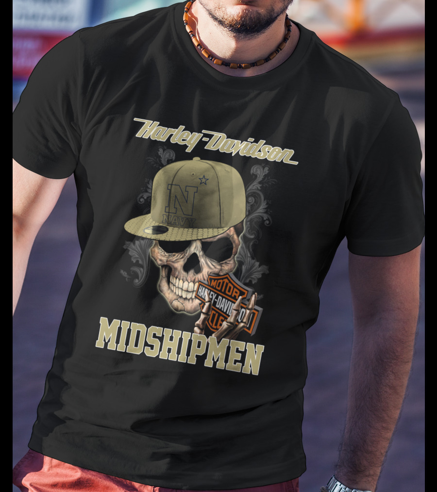 Harley Davidson Navy Midshipmen Skull Hat Motor Cle T-Shirt