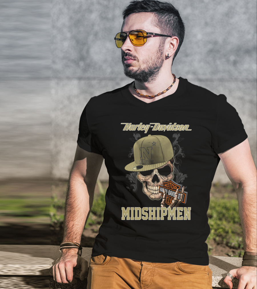 Harley Davidson Navy Midshipmen Skull Hat Motor Cle T-Shirt