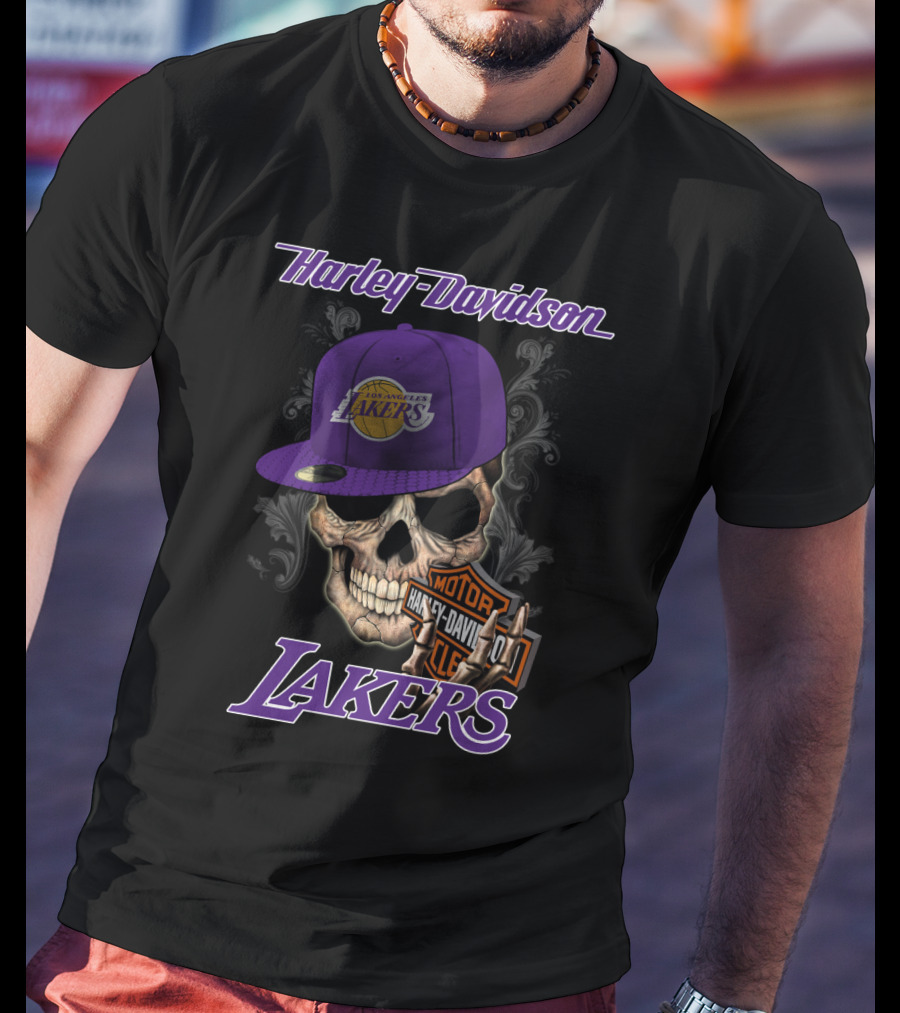 Harley Davidson Los Angeles Lakers Skull עם כובע Nba1 T-Shirt